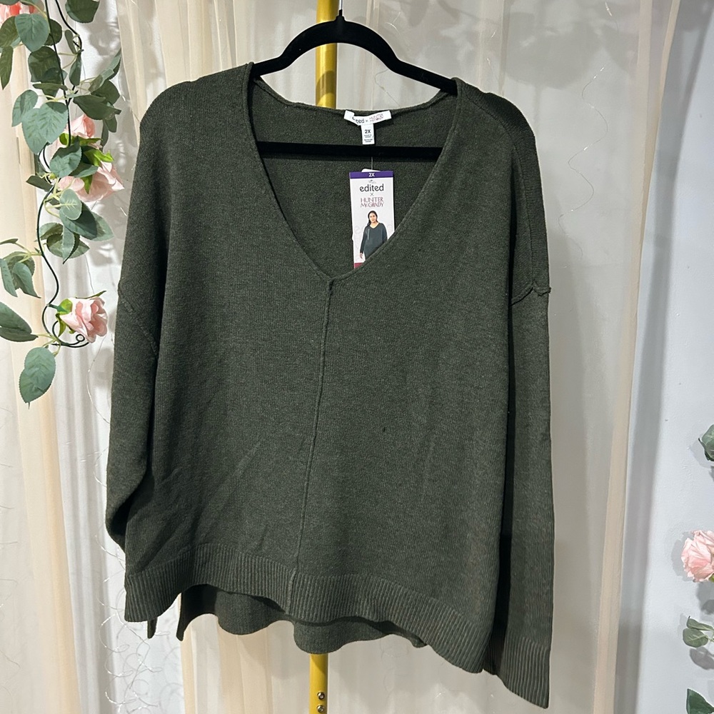 All Worthy by Hunter McGrady Olive V-Neck Sweater